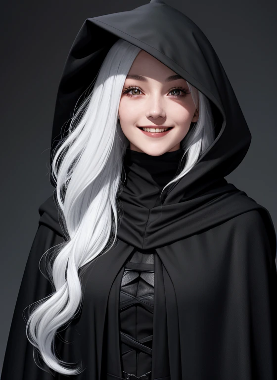 a close up of a 20 year old female wizard. wearing a long black cape, wearing black dress. Black clothes.  Hood on head covering top of face. white background. Body Facing straight on to camera. Face straight on to camera. Friendly face. Smiling face. Hood partly covering top of face. White hair.