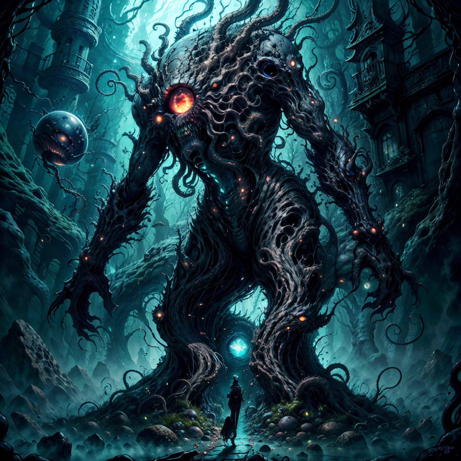 (best quality,4k,8k,highres,masterpiece:1.2),ultra-detailed,(realistic,photorealistic,photo-realistic:1.37),eldritch eye monster,(a floating sphere glowing eye), lots of tentacles, HP.lovecraft style, eerie atmosphere, ancient horror, dark, mysterious, twisted beings, ominous, cosmic horror, otherworldly, surreal, eldritch entities, grotesque, disturbing, inscrutable, tentacle-covered, abyssal depth, macabre, unearthly presence, supernatural, spectral, indescribable horror, haunting, nightmare-inducing, ethereal light, arcane symbols, eldritch essence, eerie glow, monstrous proportions, shifting shadows, eldritch abomination, tentacle tendrils, unknowable secrets, madness-inducing gaze