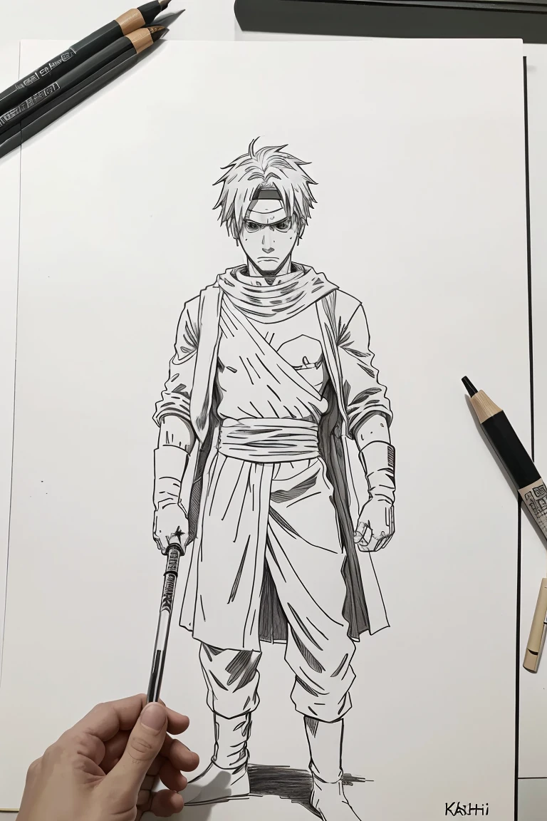 Line art, thick line drawing, stick figure, figure stick figure, chibi, 1man cosplay (Kakashi Hachiki), black and white line drawing, no shadows, best quality, masterpiece