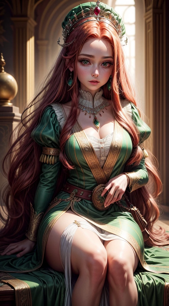 Uma princesa de 25 anos, redhead with long hair and emerald green eyes, the princess&#39;s skin is pale and immaculate, estatura graciosamente alta, mantendo-se altiva e elegante em sua postura. Trajes reais elaborados, adorned with symbolic details of the kingdom, enhance your natural beauty. usa joias significativas, A diadem of rubies adorns her head, simbolizando a linhagem real, while a necklace with a central emerald is a gift from her people.