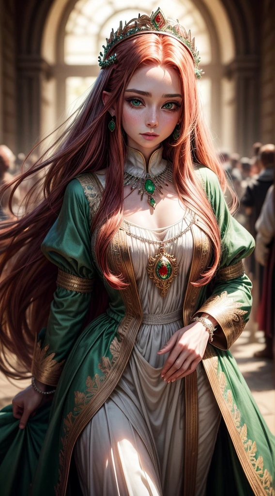 Uma princesa de 25 anos, redhead with long hair and emerald green eyes, the princess's skin is pale and immaculate, estatura alta, a princesa se veste de forma comportada, mantendo-se altiva e elegante em sua postura. Trajes reais elaborados, adorned with symbolic details of the kingdom, enhance your natural beauty. usa joias significativas, A diadem of rubies adorns her head, simbolizando a linhagem real, while a necklace with a central emerald is a gift from her people.