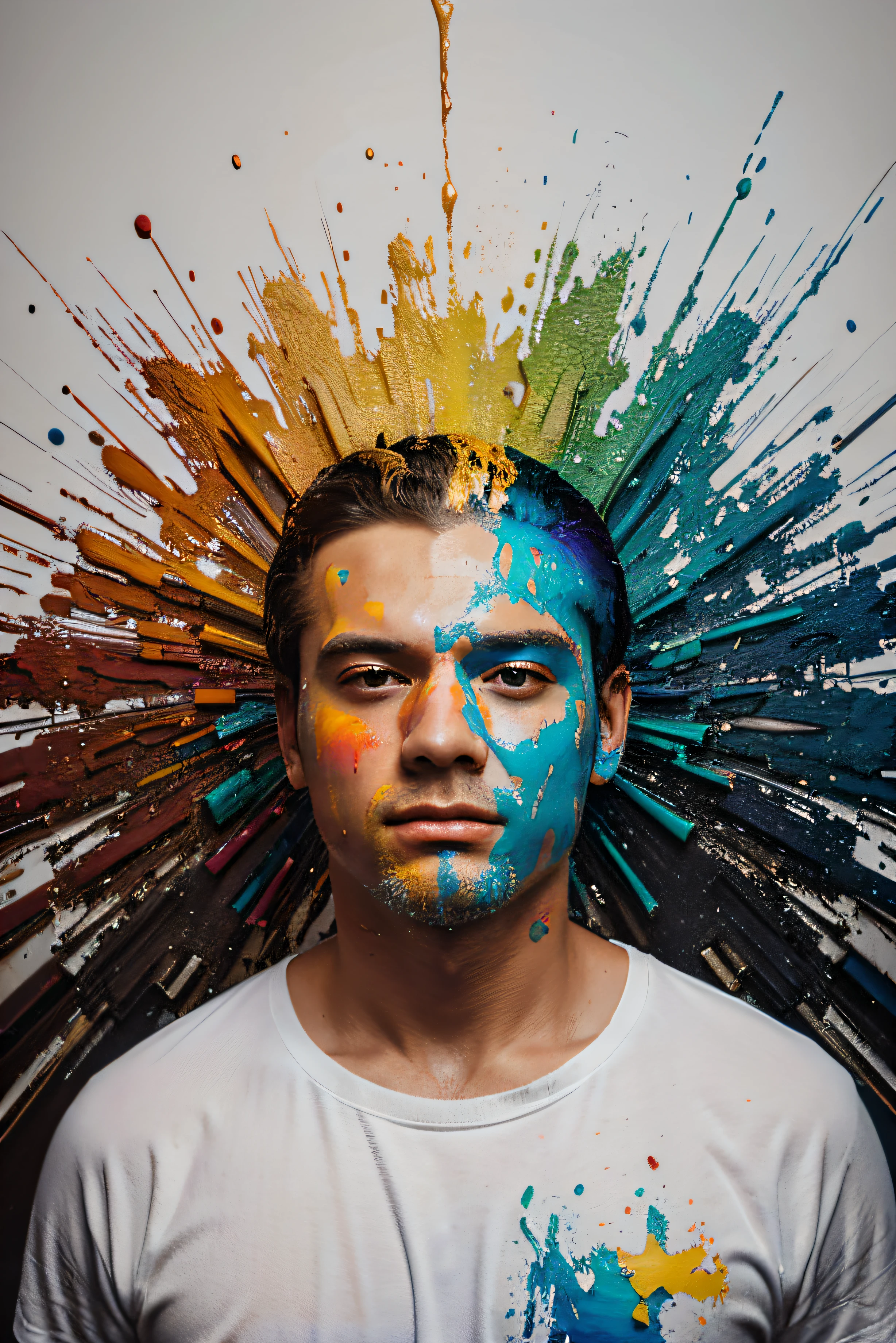 fundo branco, man with his head exploding in paint of different colors
