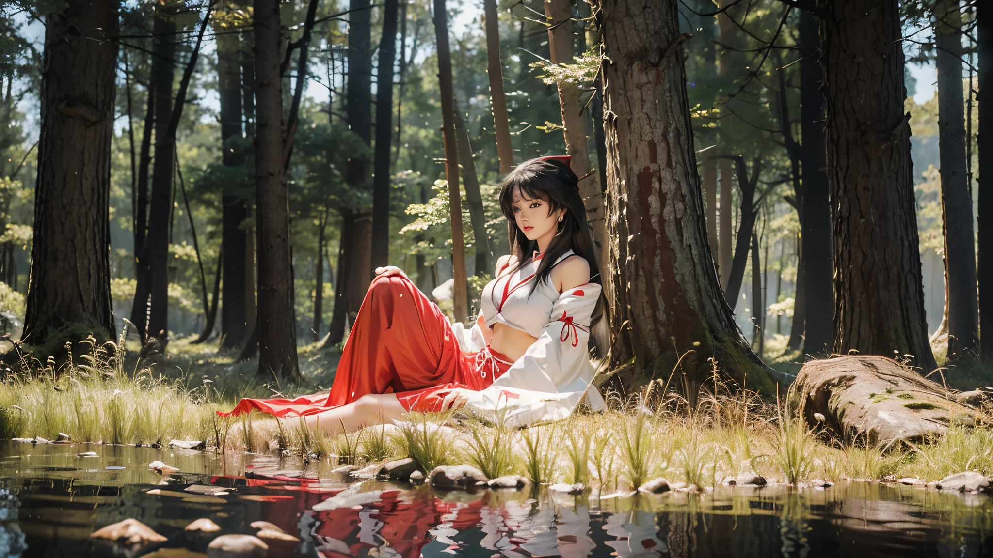 ((kikyo_inuyasha)),((realistic, photorealistic)),(highlight hair)), Light reflection, (( HD )), navel, detached sleeves,((upper body)), (((best quality, masterpiece))), In the afternoon,Lake with clear water, reflected light