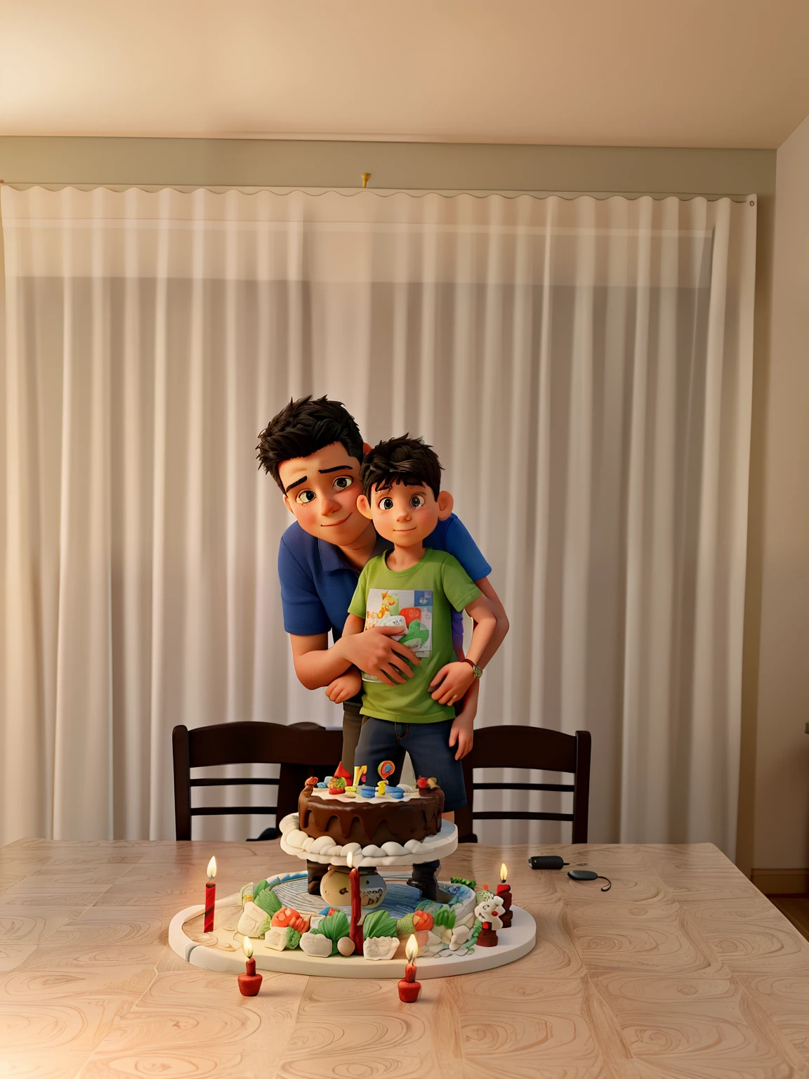 A 45-year-old boy hugging his 5-year-old son, Behind a birthday cake of this same boy in the dining room of his house, illuminated by the light of a lamp.