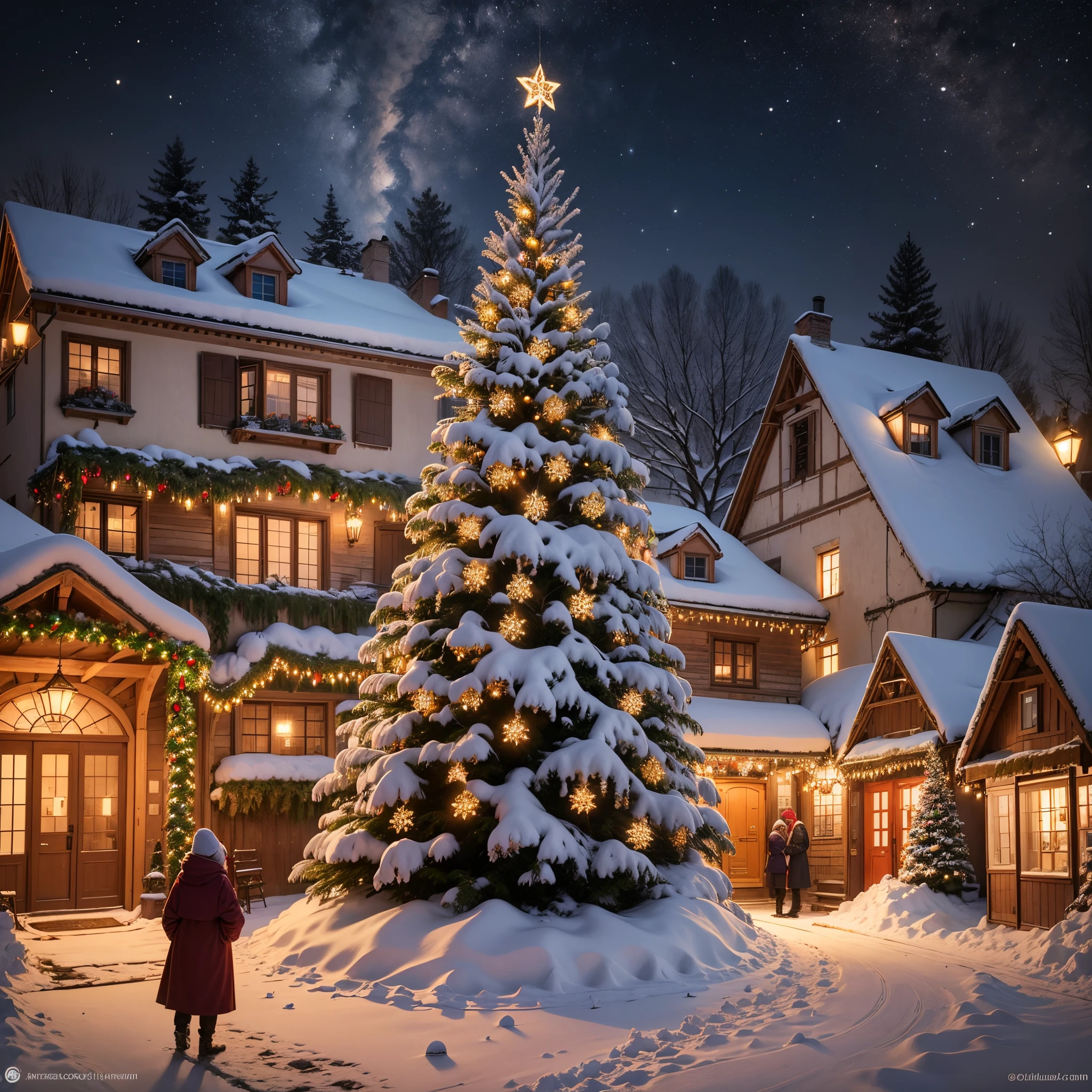 The image depicts an enchanting night scene of a snow-covered village during the Christmas season.. Ao centro, a majestic Christmas tree, adornada com luzes cintilantes e enfeites coloridos, is located in the main square of the village. Em seu entorno, Quaint houses decorated with garlands and twinkling lights reflect the festive spirit. 16:9 --auto --s2