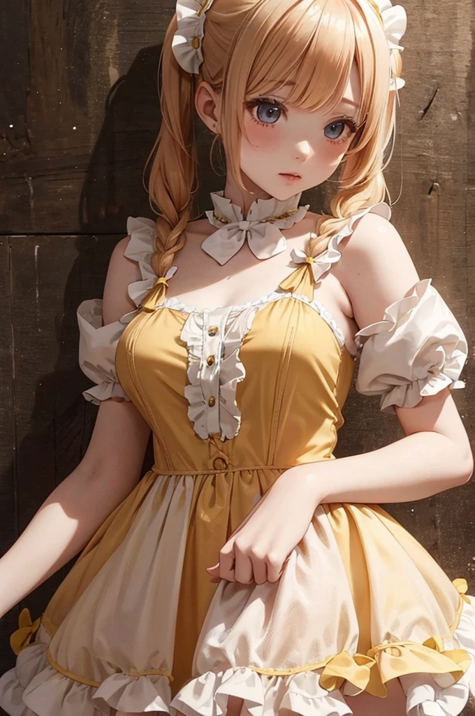 Human, long strawberry blond in pigtails, skin tone pale, yellow ta dress, small boobs
