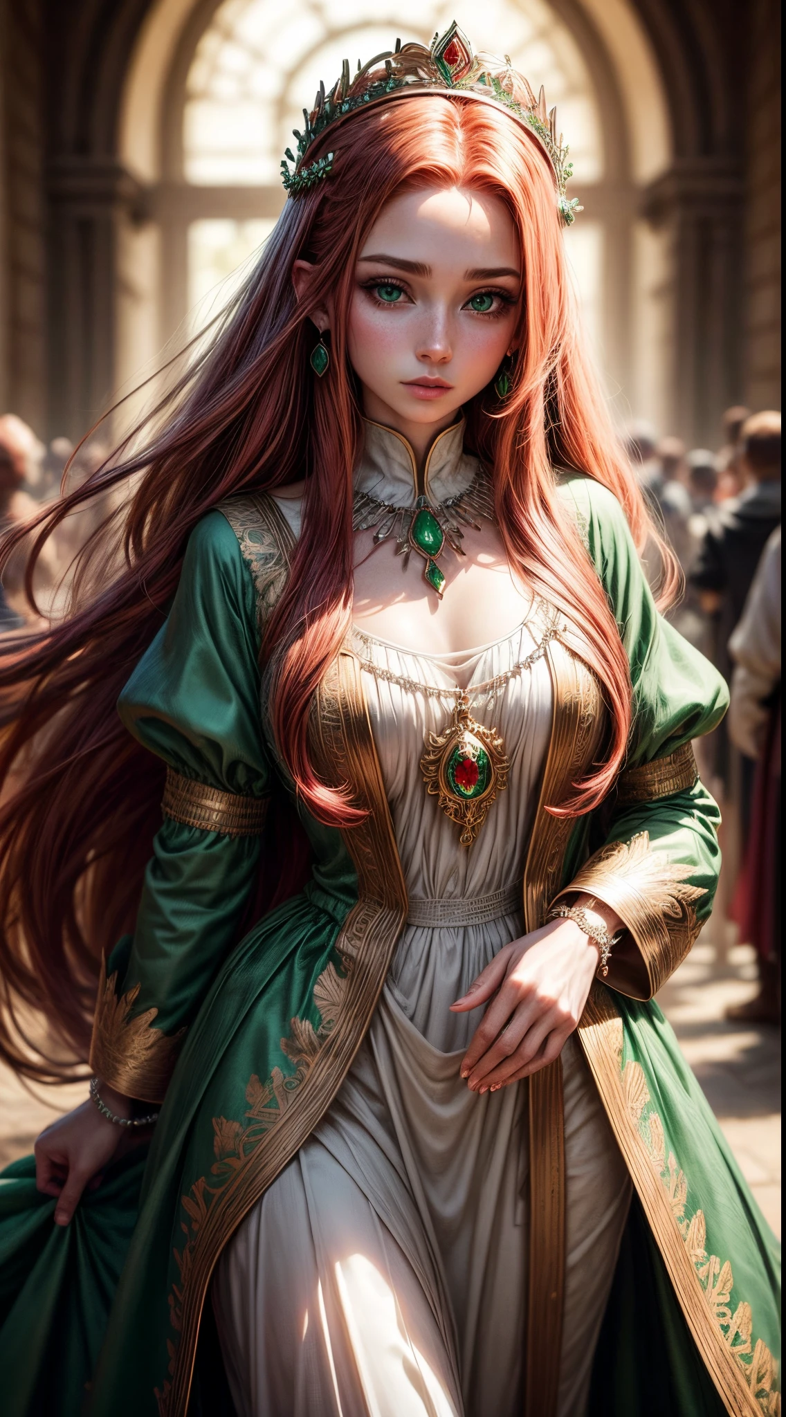 Uma princesa de 25 anos, redhead with long hair and emerald green eyes, the princess's skin is pale and immaculate, estatura alta, a princesa se veste de forma comportada, mantendo-se altiva e elegante em sua postura. Trajes reais elaborados, adorned with symbolic details of the kingdom, enhance your natural beauty. usa joias significativas, A diadem of rubies adorns her head, simbolizando a linhagem real, while a necklace with a central emerald is a gift from her people.