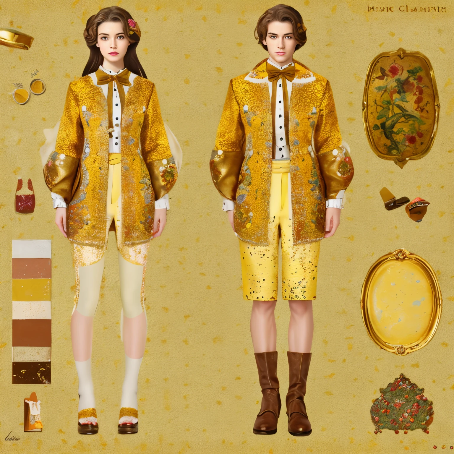 /imagine prompt: chintzy, encaustic painting, canary yellow, brown, byzantine, gold, impasto, reference sheet, dreamy glow, teen, bon chic bon genre outfit, tie
