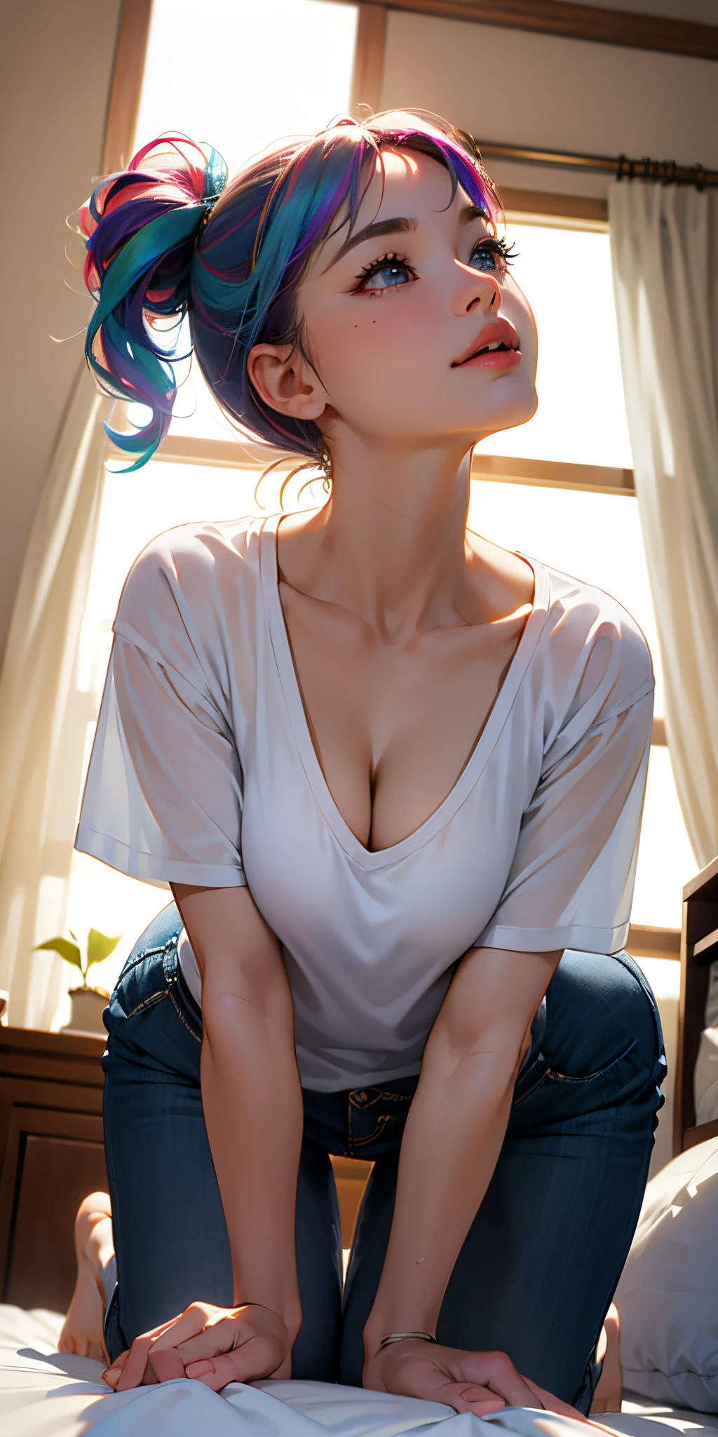 realisticlying,rainbow colored hair 28 year old girl,Ghanaians、Face Real,Wearing a white T-shirt、Mouth slightly open blushing 、Sit on the bed、bending over on all fours arching her back, her nice big ass facing the viewer, white panties showing, looking back at the viewer, close up pov camera view from below, Look straight up and look at us、Cleavage emphasis,super huge Gigantic Breasts enlarged,Cleavage emphasis,(Super large zoom of chest)、no BRA、sexly, slutty, seductive
