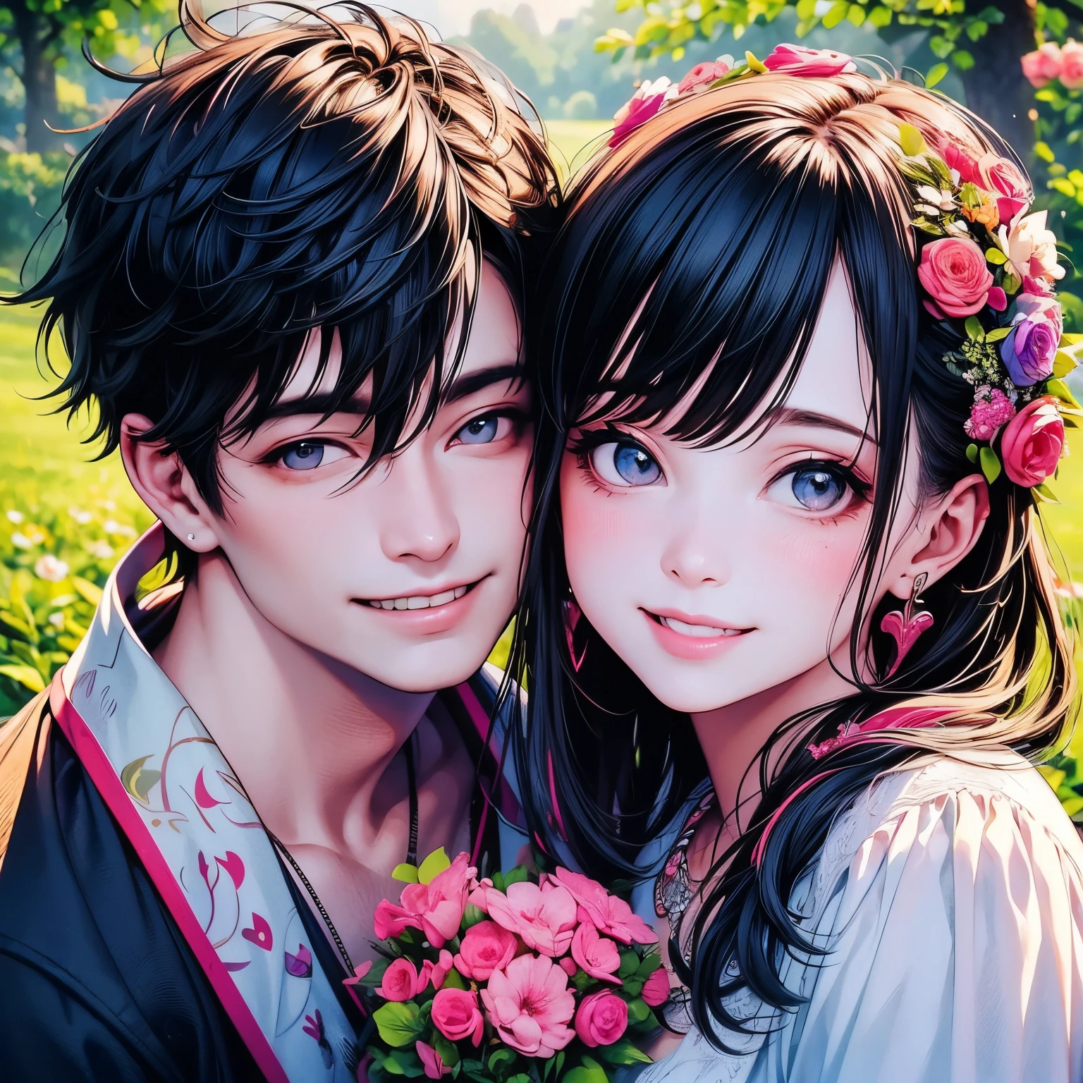 a couple, husband and wife, Smile and happiness. (Best Quality,hight resolution),(Realistic:1.37),Beautiful,Loving,married,Vivid colors,plein air,Nature,romantic,affectionate,happily face,Happiness,Joy,satisfied,Eternal love,Together forever,Blissful.