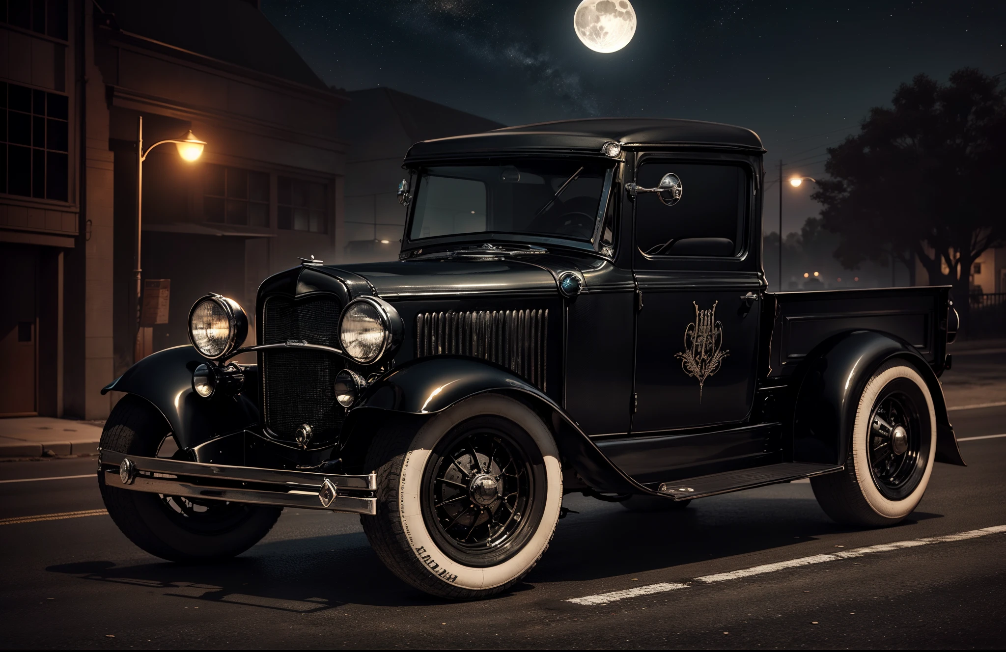 an imposing 1932 BLACK Ford Pick UP with its headlights on on a street in East Los Angeles at night full of stars with Saturn appearing with rings and comets crossing the sky and with the full moon illuminated and reflecting objects. Grafitti nos muros e carros e a rua molhada e refletiva com as faixas de pedestre . 1990, estilo gangster