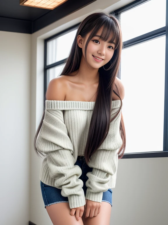 Product quality, 1 girl, Shot from the knee up, Front view, cute girl in Japan, shiny smooth long hair, Glamorous figure, Wearing knit off-shoulder, Standing indoors with a big smile, hyper cute face, Glossy lips, double eyelids for both eyes, Natural makeup, , asymmetrical bangs, Tanned skin, central image, High resolution, high detailing, detailed hairstyle, Detailed face, Cinematic lighting, Octane Rendering, Vibrant, Hyper realistic, Perfect limbs, Perfect Anatomy