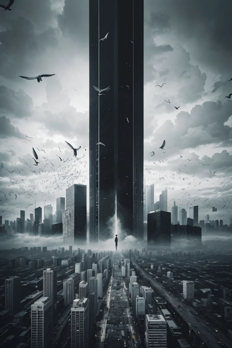 1 Man, Deep, Cityscape, Black & White Photographs, Head, High-Rises, Flock of Birds in Flight, Abstract Expressionism, Line, Shape, Color, Emotion, Thought, Structure, Stitching, Complete Image, Color, Black, White, Gray, Heavy, Lonely, Composition, Symmetry, Alignment, Overlap, Picture Atmosphere, Sadness, Loneliness, Thinking