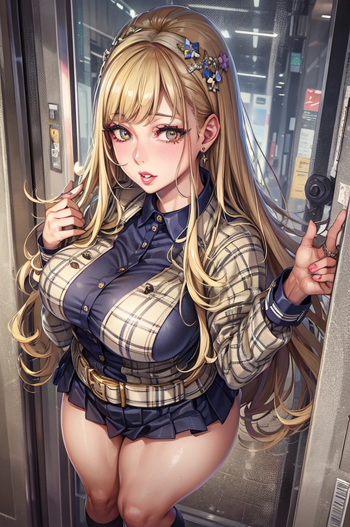 "(A perfect masterpiece:1.2), (the best quality:1.2), stunning face, schoolgirl uniform, mature and chubby, big pupils, bright eyes, makeup, long and luxurious eyelashes, full lips, irresistible charisma.", full body
