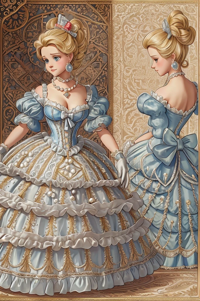 John Tenniel Art, a stunningly beautiful young blonde Reese Witherspoon reaches the Eighth Square and Becomes Queen of Looking-Glass Land, wearing A Stately and Elaborate Royal Victorian Ballgown of silver damask adorned with (((bows))), poufs, ruffles, frills, lace, (((embroidery))), and jewels,, with (((enormous puffed sleeves))), an hourglass waist, and a (((huge crinoline hoopskirt))) long white gloves, pearl necklace and earrings