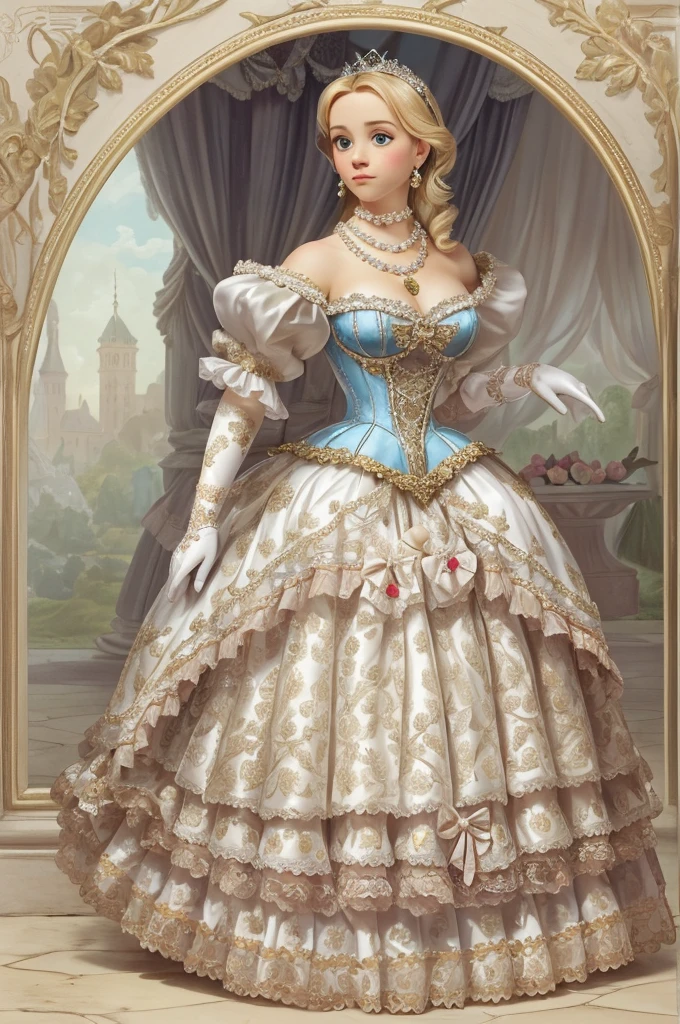 John Tenniel Art, a stunningly beautiful young blonde Reese Witherspoon reaches the Eighth Square and Becomes Queen of Looking-Glass Land, wearing A Stately and Elaborate Royal Victorian Ballgown of silver damask  adorned with (((bows))), poufs, ruffles, frills, lace, (((embroidery))), and jewels,, with (((enormous puffed sleeves))), an hourglass waist, and a (((huge crinoline hoopskirt))) long white gloves, pearl necklace and earrings