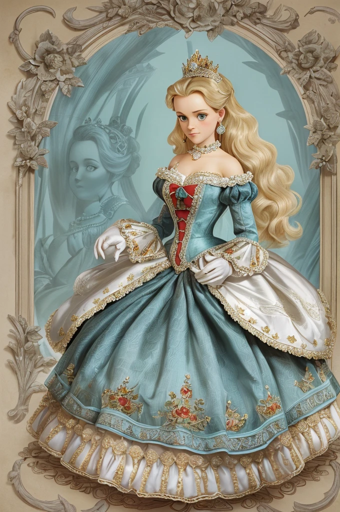 John Tenniel Art, a stunningly beautiful young blonde Reese Witherspoon reaches the Eighth Square and Becomes Queen of Looking-Glass Land, wearing A Stately and Elaborate Royal Victorian Ballgown of silver damask  adorned with (((bows))), poufs, ruffles, frills, lace, (((embroidery))), and jewels,, with (((enormous puffed sleeves))), an hourglass waist, and a (((huge crinoline hoopskirt))) long white gloves, pearl necklace and earrings