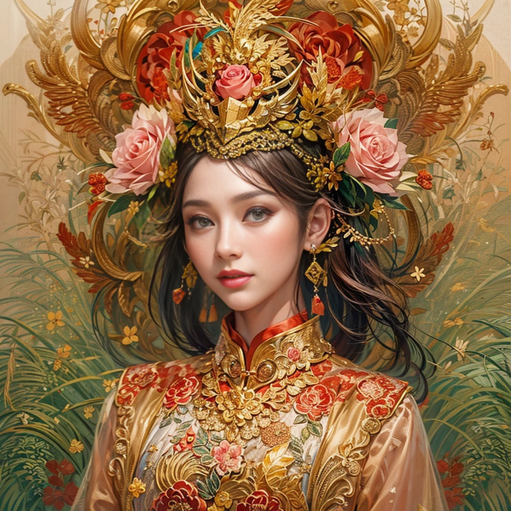A woman wearing a red and gold Chinese dress，Phoenix crown,anatomy correct, (Exquisite helmet)，Delicate pattern，Oriental elements，Ink painting style, Clean colors,Pink rose space, Soft lighting, ( Bokeh)，Masterpiece, Super detailed, Epic composition, Highest quality, 16K，