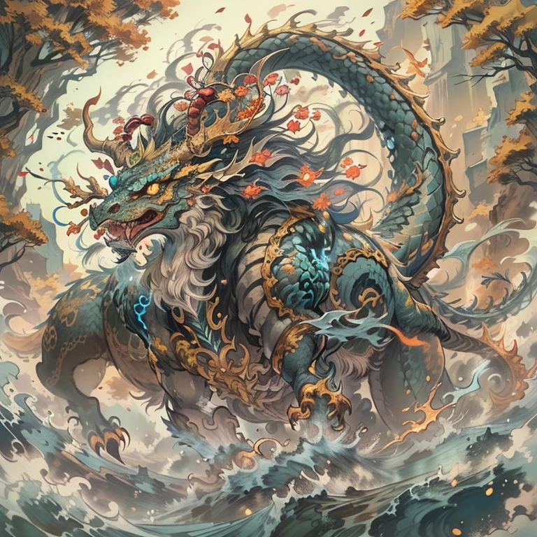 (Best quality at best,8K,A high resolution,tmasterpiece:1.2),ultra - detailed,(actual,realisticlying,Photorealistic:1.37),Ancient beasts from hell，Chinese mythology，Mountain and Sea Sutra，Mountains and sea,Ancient legends,mythological creatures,Sparkling golden scales,deer antlers,mane hair,Dragon whiskers,sharp talons,beast of prey，bucktooth，sparkling big eyes， Intricate fantasy ink painting, Detailed fantasy ink illustration, The fantasy is very detailed, beautiful detailed fantasy, The magic fantasy is very detailed, Highly detailed fantasy art, Rivendell Epic Fantasy, japanese fantasy, detailed fantasy digital art, chinese fantasy, detailed fantasy art,Dunhuang art、Dunhuang art