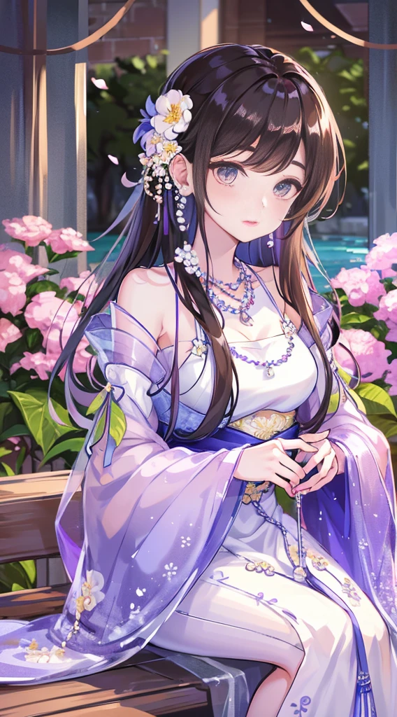 highly detailed, high high quality, tmasterpiece, 1womanl, Sit on a wooden bench, (traditional garb:1.1), Blue and white Hanfu dress, longer sleeves,embroidery, Hair decorated with barrettes and silk fringes, (jewely:1.2), Pearl earrings and necklace, Delicate makeup, redish pink lips, calm expression, Holding a book, Flower Tree:0.9), with petals falling, ,inside in room, early evening