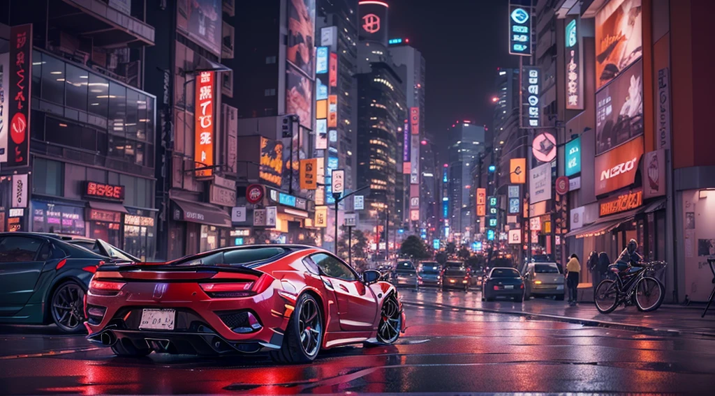 HONDA、((NSX))、Red body color、Shibuya cityscape、neons、((Best Quality、in 8K、masutepiece :1.3))、erfect artwork、