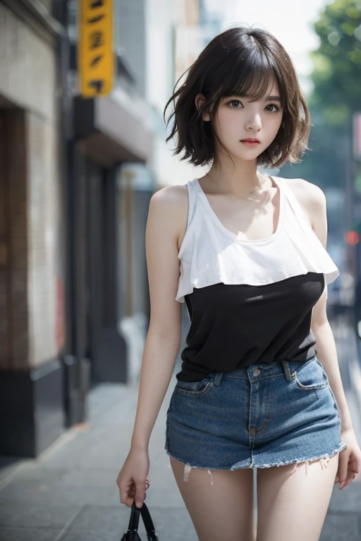 randome pose、mix4、(8K、Raw photography、top-quality、masterpiece:1.45)、(realisitic、Photorealsitic:1.37)、one girls、cute little、Cityscape、natta、Sateen、Wetty、profetional lighting、photon maping、Radio City、physically-based renderingt、Gradient black hair、white hair、short curly hair、a handsome、girl with、Tight T-shirt、Mini skirt、pale-skinned、top quality photo、hight resolution、1080p、(clearface)、(Detailed face description)、(Detailed hand description)、 (masterpiece), (Exquisite CG), extreme light and shadows, dishevled hair, masterpiece, lush detail, (Fine facial features), (Highest Quality Photos), (masterpiece), (finely eye), Look in front of you, Fine clavicle, (Colossal tits:1.47),