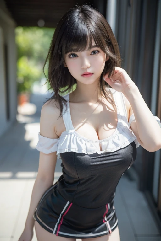 randome pose、mix4、(8K、Raw photography、top-quality、masterpiece:1.45)、(realisitic、Photorealsitic:1.37)、one girls、cute little、Cityscape、natta、Sateen、Wetty、profetional lighting、photon maping、Radio City、physically-based renderingt、Gradient black hair、white hair、short curly hair、a handsome、girl with、Tight T-shirt、Mini skirt、pale-skinned、top quality photo、hight resolution、1080p、(clearface)、(Detailed face description)、(Detailed hand description)、 (masterpiece), (Exquisite CG), extreme light and shadows, dishevled hair, masterpiece, lush detail, (Fine facial features), (Highest Quality Photos), (masterpiece), (finely eye), Look in front of you, Fine clavicle, (Colossal tits:1.47),