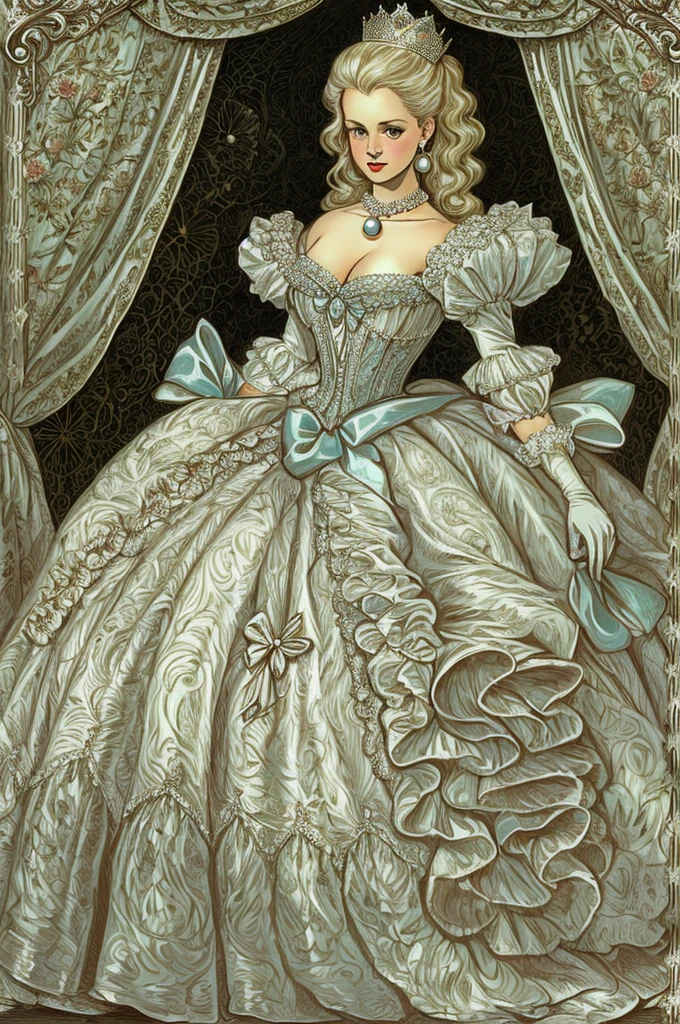 John Tenniel Art, a stunningly beautiful young blonde Reese Witherspoon reaches the Eighth Square and Becomes Queen of Looking-Glass Land, wearing A Stately and Elaborate Royal Victorian Ballgown of silver damask adorned with (((bows))), poufs, ruffles, frills, lace, (((embroidery))), and jewels,, with (((enormous puffed sleeves))), an hourglass waist, and a (((huge crinoline hoopskirt))) long white gloves, pearl necklace and earrings
