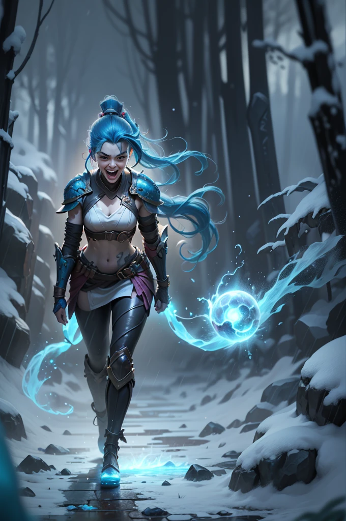 (Long-range shooting: 1.5), jinx \(league of legends\), (1girl,League of Legends Jinx),(Scarlet eyes, crazy laughter, Blue double ponytail hair: 1.5),Kungfu,((Wearing white plastic armor,head to toe,Crystal heels,standing on your feet)),(Holding a particle laser cannon in hand,a revolver),Aoshu crystal, Attack status,(Snowy mountain woods,surrounded by rain,League of Legends Game World),Illustration style,The whole body is exposed to the rain for a long time,(exquisite facial features,Perfect hand features),martial arts style,(Selective focusing,full body shot of,tmasterpiece,ultra - detailed,Epic work,highest quality,8k,panorama, first-person view, atmospheric perspective, UHD, masterpiece, ccurate, anatomically correct, textured skin, high details, award winning, best quality)