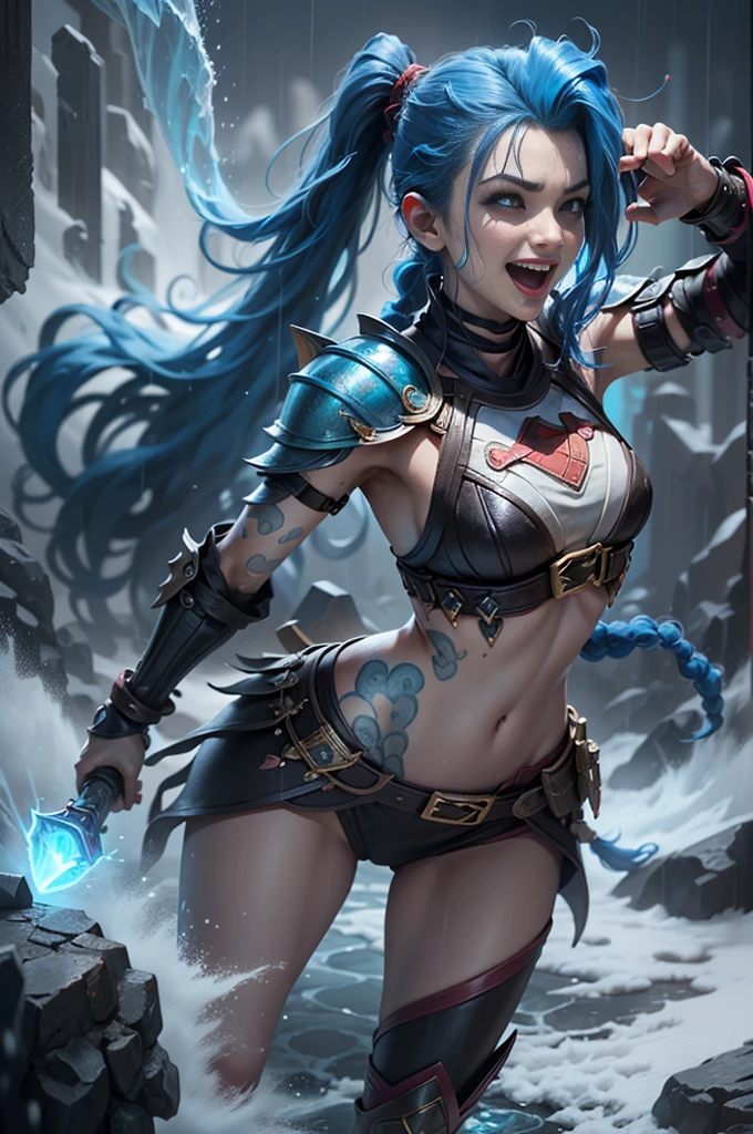 (Long-range shooting: 1.5), jinx \(league of legends\), (1girl,League of Legends Jinx),(Scarlet eyes, crazy laughter, Blue double ponytail hair: 1.5),Kungfu,((Wearing white plastic armor,head to toe,Crystal heels,standing on your feet)),(Holding a particle laser cannon in hand,a revolver),Aoshu crystal, Attack status,(Snowy mountain woods,surrounded by rain,League of Legends Game World),Illustration style,The whole body is exposed to the rain for a long time,(exquisite facial features,Perfect hand features),martial arts style,(Selective focusing,full body shot of,tmasterpiece,ultra - detailed,Epic work,highest quality,8k,panorama, first-person view, atmospheric perspective, UHD, masterpiece, ccurate, anatomically correct, textured skin, high details, award winning, best quality)