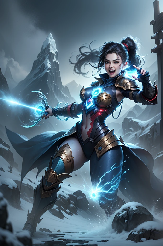 (Long-range shooting: 1.5), jinx \(league of legends\), (1girl,League of Legends Jinx),(Scarlet eyes, crazy laughter, Blue double ponytail hair: 1.5),Kungfu,((Wearing gold futuristic sci-fi titanium alloy armor: 1.5,head to toe,Crystal heels,standing on your feet)),(Holding a particle laser cannon in hand,a revolver),Aoshu crystal, Attack status,(Snowy mountain woods,surrounded by rain,League of Legends Game World),Illustration style,The whole body is exposed to the rain for a long time,(exquisite facial features,Perfect hand features),martial arts style,(Selective focusing,full body shot of,tmasterpiece,ultra - detailed,Epic work,highest quality,8k,panorama, first-person view, atmospheric perspective, UHD, masterpiece, ccurate, anatomically correct, textured skin, high details, award winning, best quality), Game character