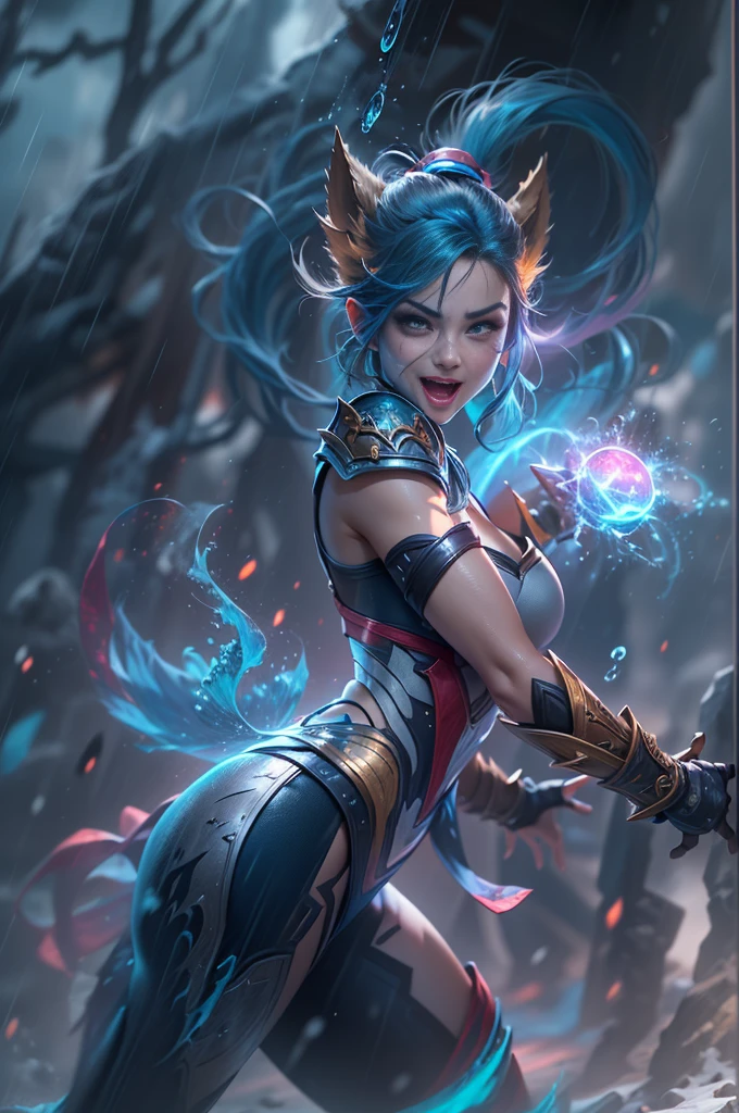 (Long shot: 1.5), jinx \(league of legends\), (1girl, League of Legends Jinx), (Scarlet eyes, crazy laughter, Blue double ponytail hair: 1.5), kung fu, ((Wearing gold futuristic sci-fi titanium alloy armor: 1.5, head to toe, crystal high heels, standing)), (holding particle laser cannon, revolver in hand), arcane crystal, attack status, (snowy mountains and woods, surrounded by rain, League of Legends game world), Illustration style, full body exposed to the rain for a long time, (exquisite facial features, perfect hand features), martial arts style, (selective focus, full body shot, masterpiece, super detailed, epic work, highest quality, 8k, panorama, first-person view, atmospheric perspective, UHD, masterpiece, ccurate, anatomically correct, textured skin, high details, award winning, best quality), Game character