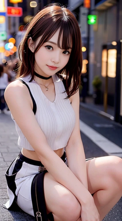 top-quality、超A high resolution、(Photorealsitic:1.4)、(ulzzang-6500:0.4)、Beautie、Korean Idols、21years old、length hair、light brown hair、Clean and wavy hairstyle、small tits、Very small breasts、Realistic eyes, slender narrow eyes、Beautiful eyes、A smile、croptop、Tank Tops、Wear a see-through shirt、a miniskirt、In the street、crouching down、slender、A slender、Slender body lines、Neon Street,dark,Embarrassed