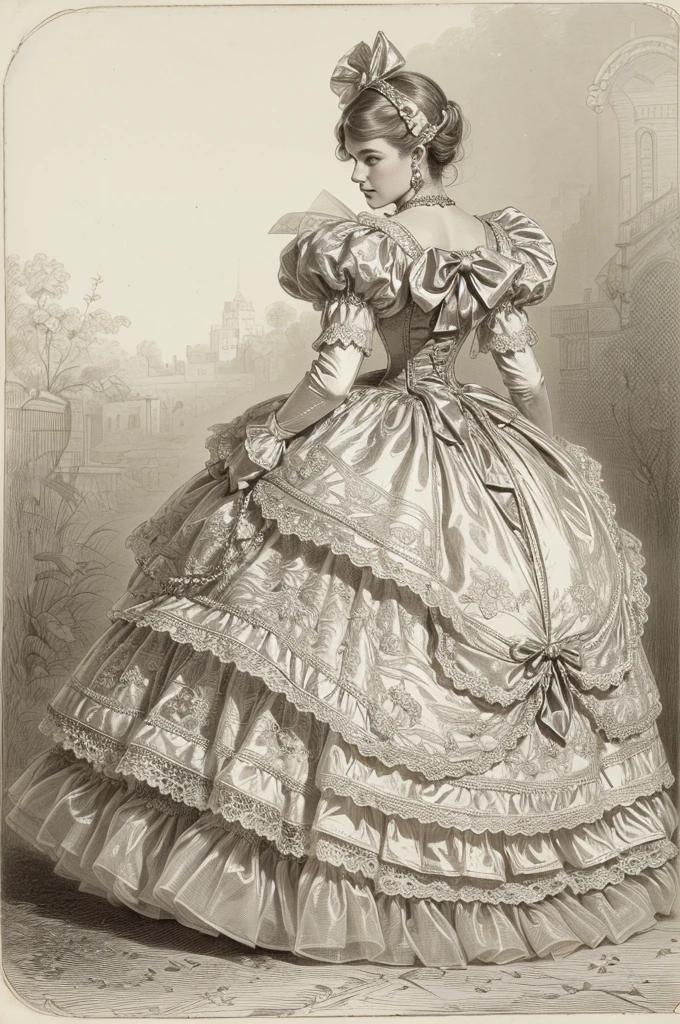 John Tenniel Art, A Stately and Elaborate Royal Victorian Court Dress of silver damask adorned with (((bows))), poufs, ruffles, frills, lace, (((embroidery))), and jewels,, with (((enormous puffed sleeves))), an hourglass waist, and a (((huge crinoline hoopskirt))) long white gloves, pearl necklace and earrings