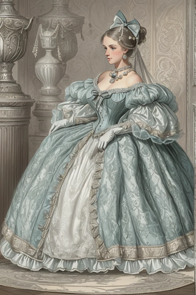 John Tenniel Art, A Stately and Elaborate Royal Victorian Court Dress of silver damask adorned with (((bows))), poufs, ruffles, frills, lace, (((embroidery))), and jewels,, with (((enormous puffed sleeves))), an hourglass waist, and a (((huge crinoline hoopskirt))) long white gloves, pearl necklace and earrings