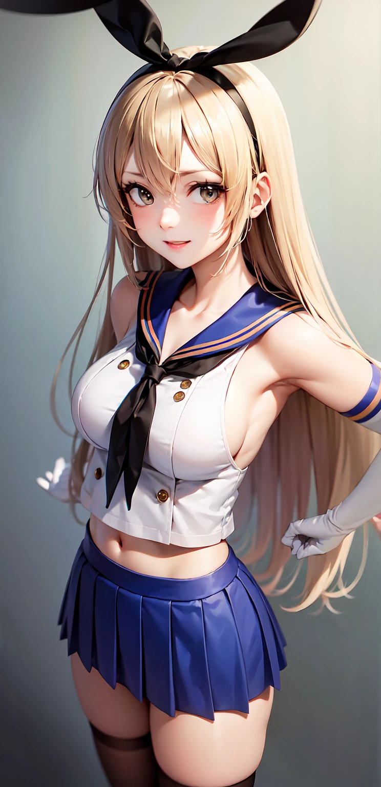 (masterpiece, best quality:1.2),illustration,8k,hd,1girl,solo,upper body,(portrait:1.2),long_hair,blonde_hair,elbow_gloves,underwear,striped_thighhighs,white_gloves,smile,navel,yellow eyes,highleg_panties,black_panties,anchor_hair_ornament,highleg,blush,school_uniform,crop_top,sailor_collar,hairband,hair_ornament,serafuku,miniskirt,pleated_skirt,blue_skirt,sleeveless,bare_shoulders,hair_between_eyes,grey_footwear,microskirt,midriff,neckerchief,collarbone,smug, small waist, slim waist, fit body, fit legs, toned legs, toned arms, fit arms, fit midriff, toned midriff, large breasts, huge breasts, giant breasts, muscular midrif, muscular arms, black panties, sixpack, cleavage