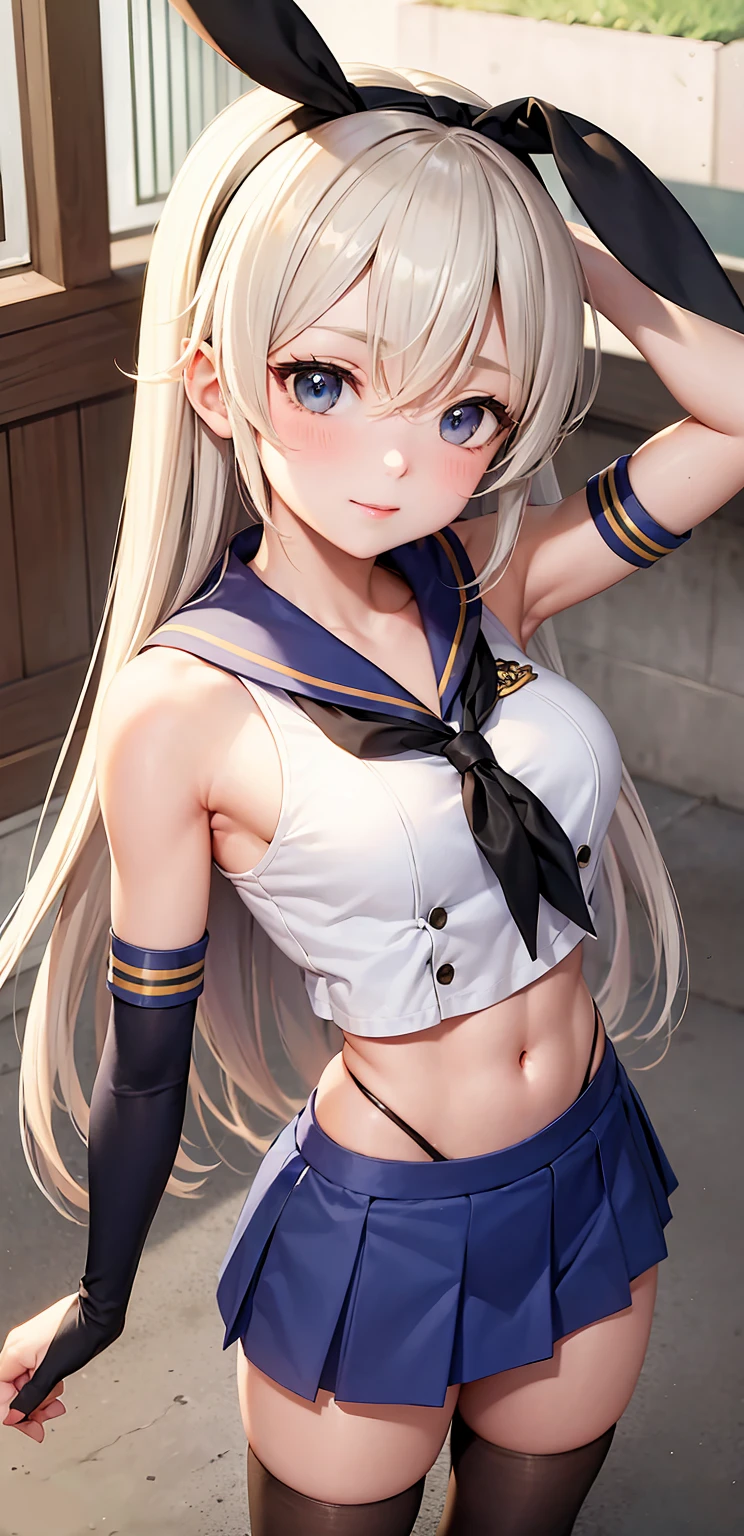 (masterpiece, best quality:1.2),illustration,8k,hd,1girl,solo,upper body,(portrait:1.2),long_hair,blonde_hair,elbow_gloves,underwear,striped_thighhighs,white_gloves,smile,navel,yellow eyes,highleg_panties,black_panties,anchor_hair_ornament,highleg,blush,school_uniform,crop_top,sailor_collar,hairband,hair_ornament,serafuku,miniskirt,pleated_skirt,blue_skirt,sleeveless,bare_shoulders,hair_between_eyes,grey_footwear,microskirt,midriff,neckerchief,collarbone,smug, small waist, slim waist, fit body, fit legs, toned legs, toned arms, fit arms, fit midriff, toned midriff, large breasts, huge breasts, giant breasts, muscular midrif, muscular arms, black panties, sixpack, cleavage