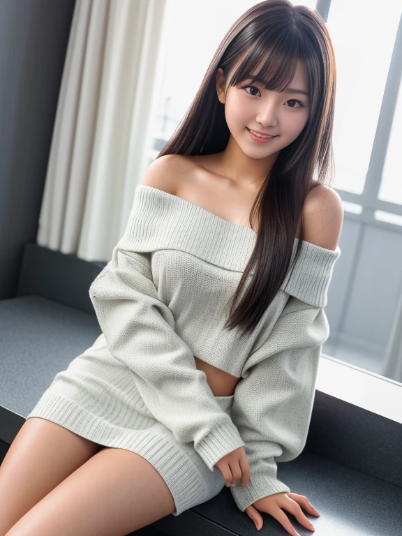Product quality, 1 girl, Shot from the knee up, Front view, 15 year old cute girl in Japan, shiny smooth long hair, Glamorous figure, Wearing knit off-shoulder, Standing indoors with a big smile, hyper cute face, Glossy lips, double eyelids for both eyes, Natural makeup, , asymmetrical bangs, Tanned skin, central image, High resolution, high detailing, detailed hairstyle, Detailed face, Cinematic lighting, Octane Rendering, Vibrant, Hyper realistic, Perfect limbs, Perfect Anatomy