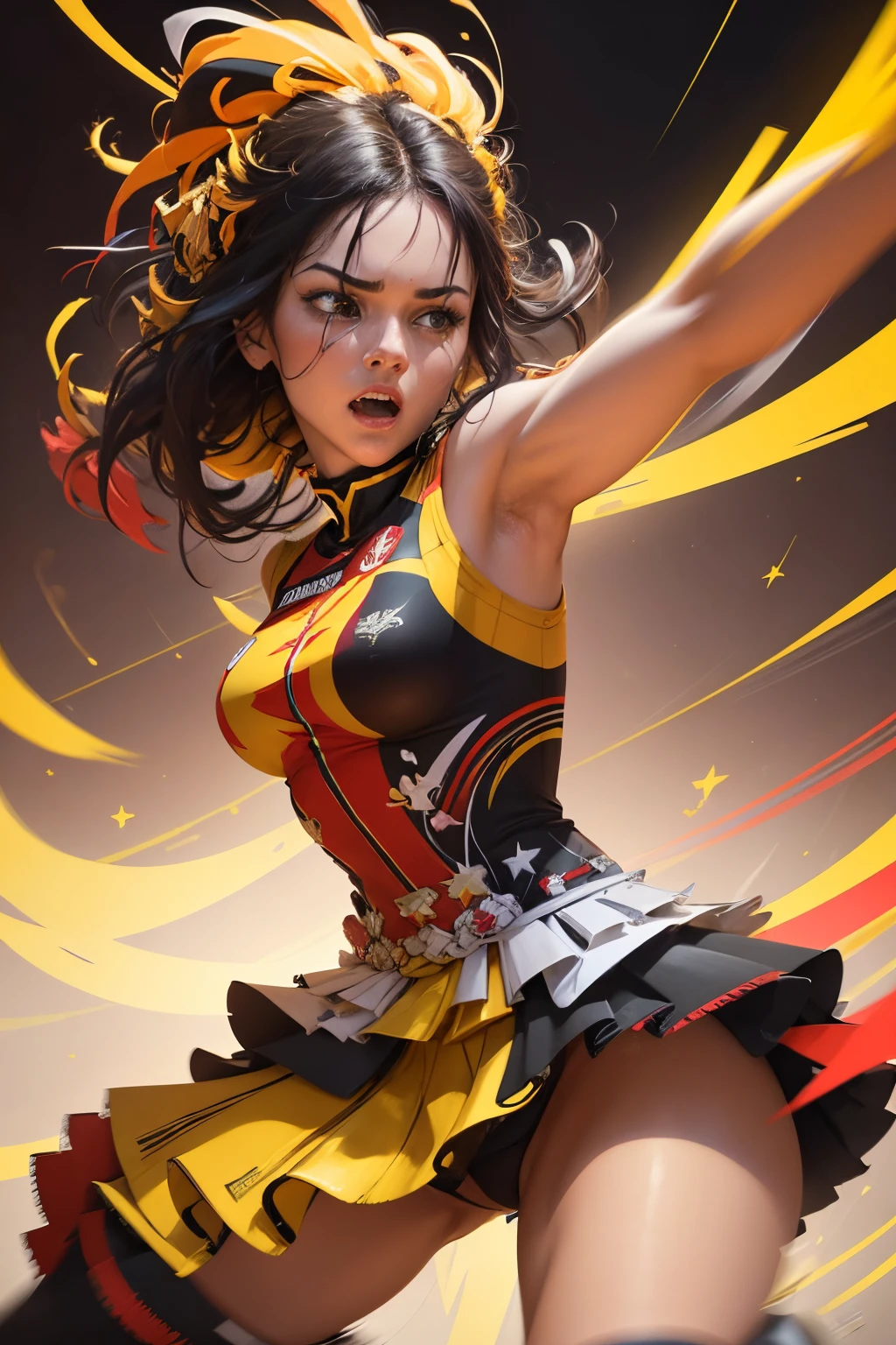 (best quality,4k,8k,highres,masterpiece:1.2),ultra-detailed,(realistic,photorealistic,photo-realistic:1.37),vivid colors,bokeh,layered effect,conceptual,contrast,colorful,abstract interpretation,football match,passion,celebration,excitement,fans,flags waving,energy,competitive spirit,showdown,tension,dynamic composition,stadium atmosphere,euphoria,team jerseys,crowd roaring,stars shining,glowing lights,emotions,fierce battle,strong emotion,creativity,unique perspective,artistic expression,contrast of red and yellow,beautifully blended colors,abstract representation of Belgium and Portugal,visual energy,harmony and balance,fluid lines,innovative play,artistic interpretation,blurred motion,feeling of movement,kinetic energy,passionate engagement