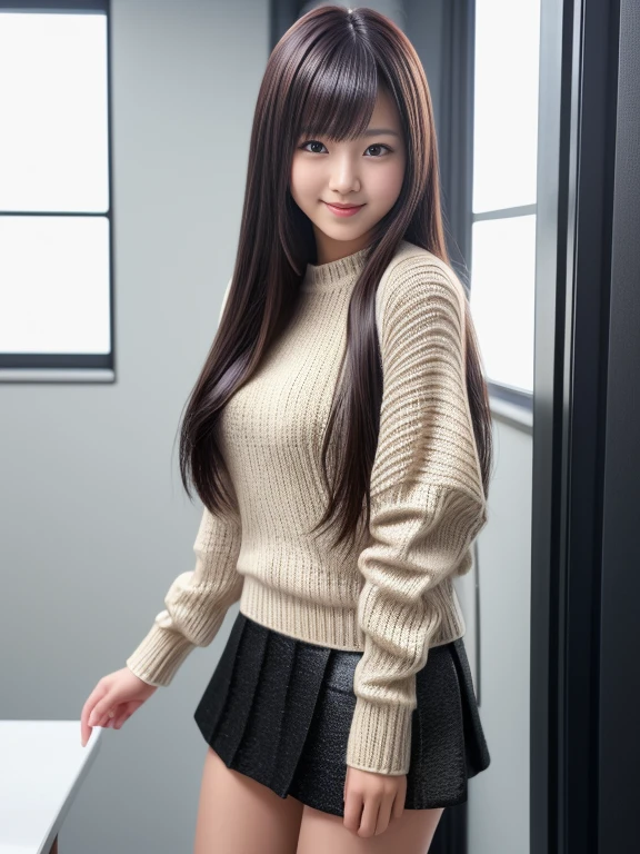 Product quality, 1 girl, Shot from the knee up, Front view, cute girl in Japan, shiny smooth long hair, Glamorous figure, ((Upper body naked、Knitted miniskirt)), Standing indoors with a big smile, hyper cute face, Glossy lips, double eyelids for both eyes, Natural makeup, , asymmetrical bangs, Tanned skin, central image, High resolution, high detailing, detailed hairstyle, Detailed face, Cinematic lighting, Octane Rendering, Vibrant, Hyper realistic, Perfect limbs, Perfect Anatomy