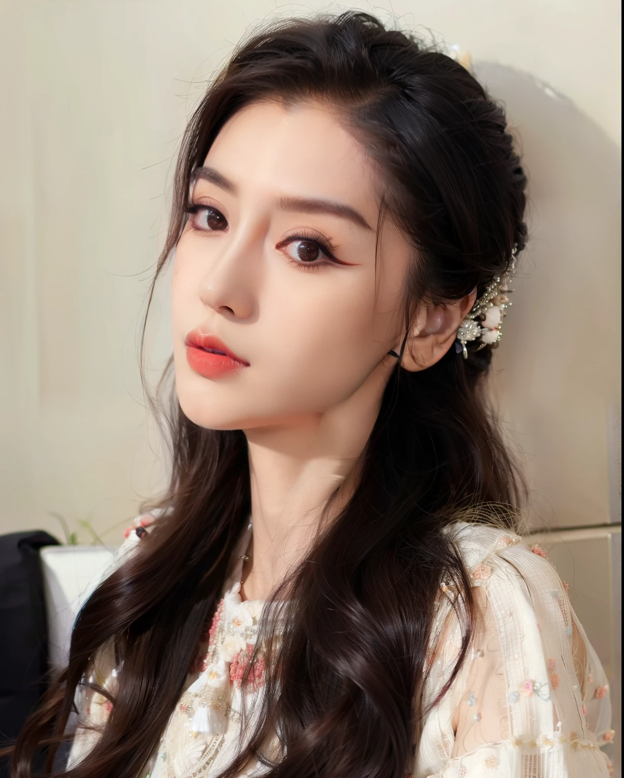um close de uma mulher com cabelos longos usando um par de clipes de orelha, dilraba dilmurat, pale-skinned persian girl, Sakimichan, sao 8 k, Xision Wu, ventilador Bingbing, Sakimichan Frank Franzzeta, Xintong Chen, Krystal, Mulher sul-coreana bonita, beautiful aesthetic face, Ulzzang