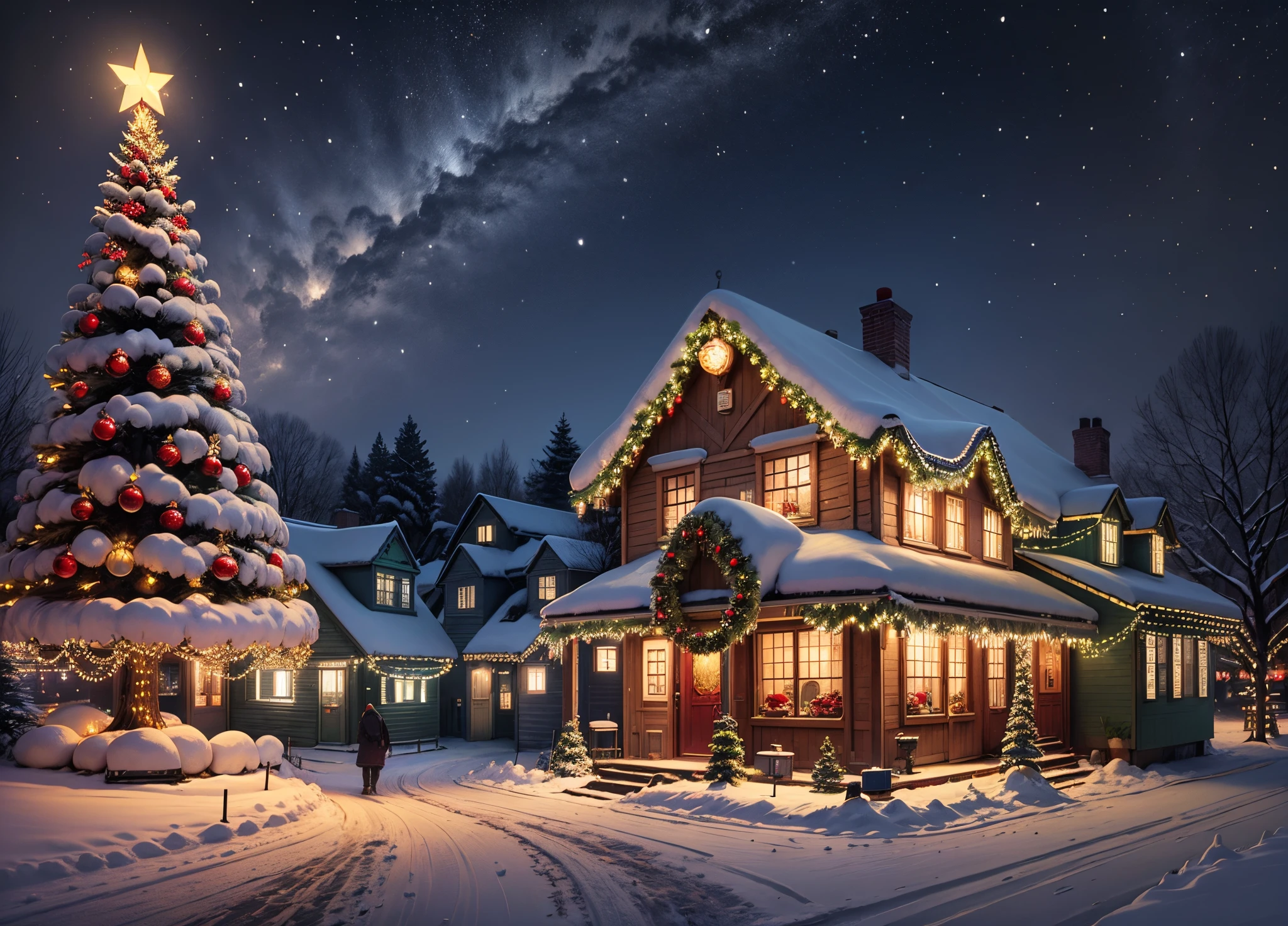 The image depicts an enchanting night scene of a snow-covered village during the Christmas season.. Ao centro, a majestic Christmas tree, adornada com luzes cintilantes e enfeites coloridos, is located in the main square of the village. Em seu entorno, Quaint houses decorated with garlands and twinkling lights reflect the festive spirit -- ar 16:9 -- --auto --s2