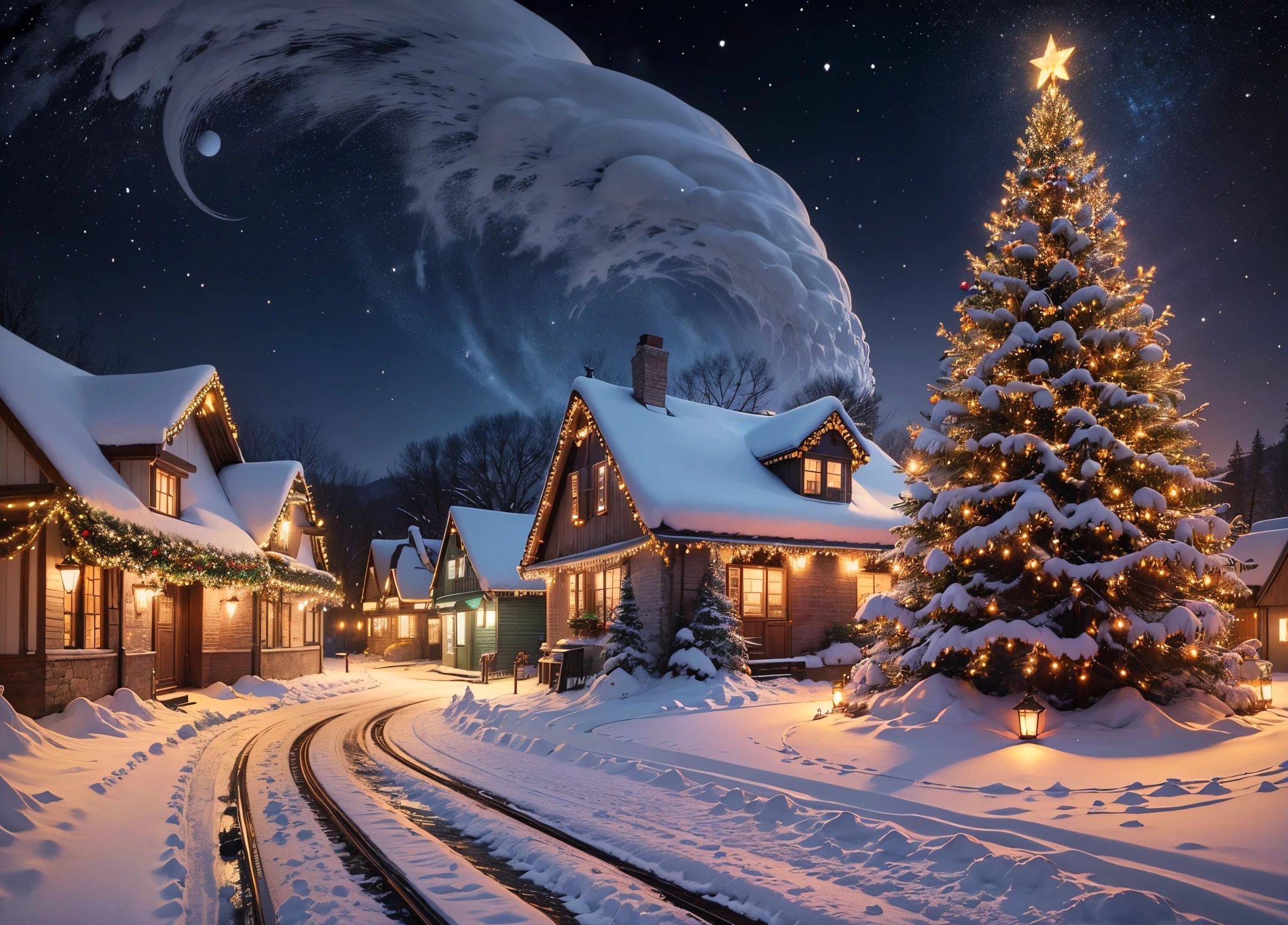 The image depicts an enchanting night scene of a snow-covered village during the Christmas season.. Ao centro, a majestic Christmas tree, adornada com luzes cintilantes e enfeites coloridos, is located in the main square of the village. Em seu entorno, Quaint houses decorated with garlands and twinkling lights reflect the festive spirit -- ar 16:9 -- --auto --s2