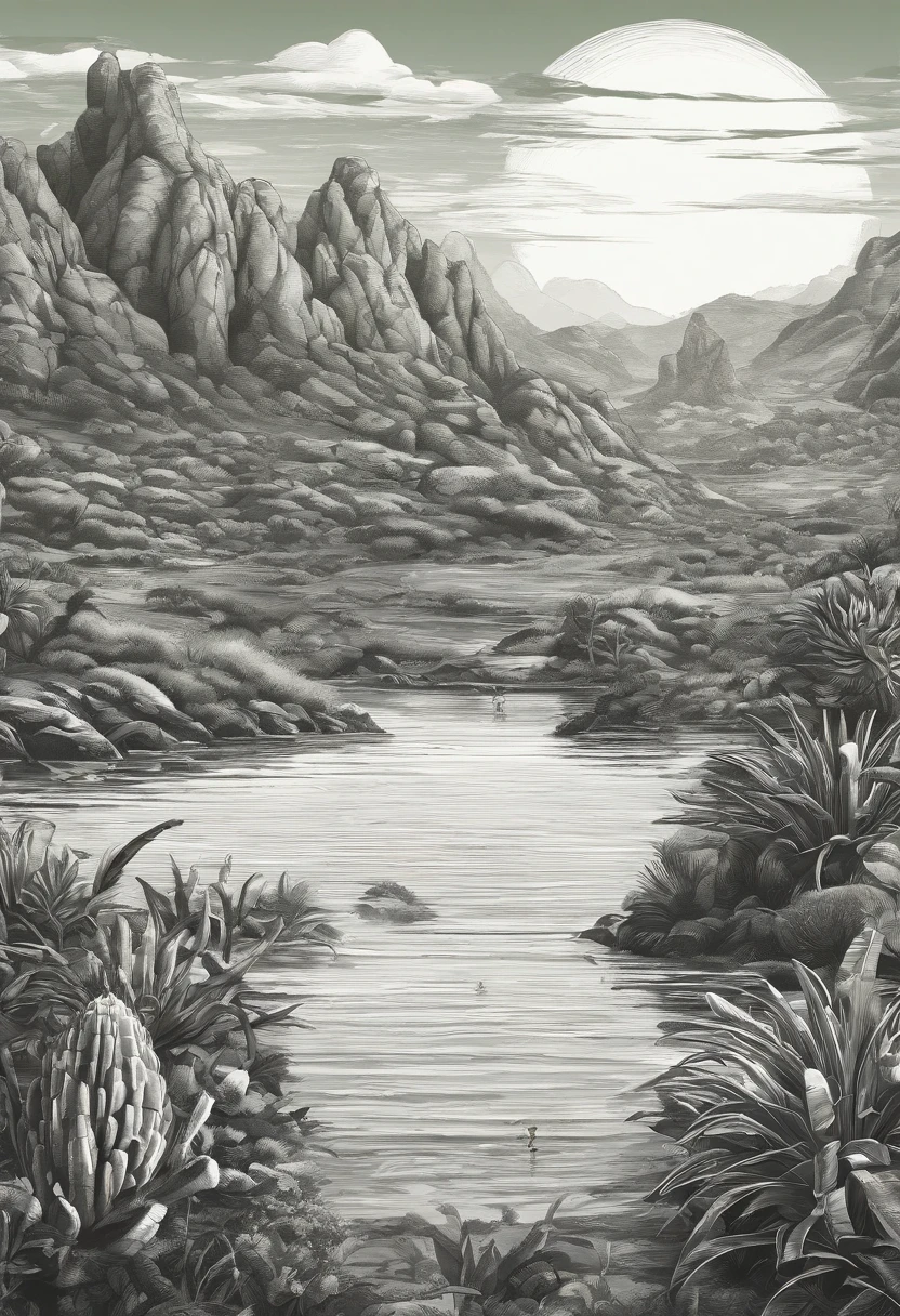 black and white animation background of the Brazilian northeastern hinterland with typical semi-arid vegetation with cacti, sun, heat, with a cartoon animal like a chicken in the dreamworks style, small, Classicism, Gamine, top-down, Motion graphics, Grainy, sprite sheet, pastel colors, Happycore, film noir lighting, Ultra-realistic, highly detailed, natural lighting, ocean environment, Unity engine, 8k, intricate, Americana, Game Night, Analog photography, Unreal Engine rendering, Contrasty, sprite sheet, olive colors, Greaser, subsurface scattering lighting, High quality