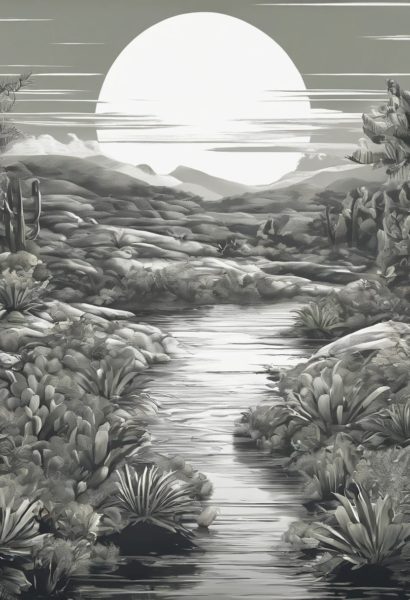 black and white animation background of the Brazilian northeastern hinterland with typical semi-arid vegetation with cacti, sun, heat, with a cartoon animal like a chicken  in the dreamworks style, small, Classicism, Gamine, top-down, Motion graphics, Grainy, sprite sheet, pastel colors, Happycore, film noir lighting, Ultra-realistic, highly detailed, natural lighting, ocean environment, Unity engine, 8k, intricate, Americana, Game Night, Analog photography, Unreal Engine rendering, Contrasty, sprite sheet, olive colors, Greaser, subsurface scattering lighting, High quality