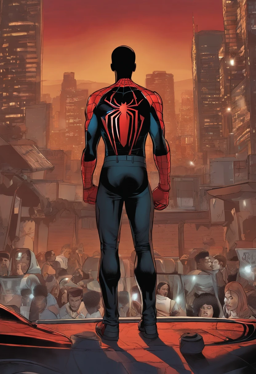 An image of Miles at an open mic night, holding a mic and performing a spoken word piece.,Marvel Comics,Miles Morales, the dynamic character from the “Spider-Man” universe, is a young, black athletic teenager with a lean build, often seen in his distinctive black Spider-Man suit with red webbing and unique graffiti-style designs. He has a youthful, energetic face, often expressing a wide range of emotions from awe to determination, reflective of his age and the enormity of his responsibilities.