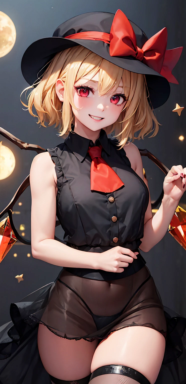 best quality, masterpiece, highres, solo, {night:1.10}, {starry sky:1.10}, beach, beautiful detailed sky, {extremely detailed background:1.20}, {flandre_scarlet_touhou:1.15}, {standing:1.10}, looking at viewer, {bikini:1.30}, blonde_hair, wings, red_eyes, crystal, bangs, hat, one_side_up, ribbon, mob_cap, bow, blush, smile, vest, white_headwear, red_vest, ascot, hair_between_eyes, red_bow, red_ribbon, upper_body, hat_ribbon, yellow_ascot, short_hair, light smile, huge breasts, cleavage, fishnet, goth, black lipstick, fishnet dress, fishnet pantyhose, evil, muscular arms, muscular midriff, abs, muscular thighs, sixpack