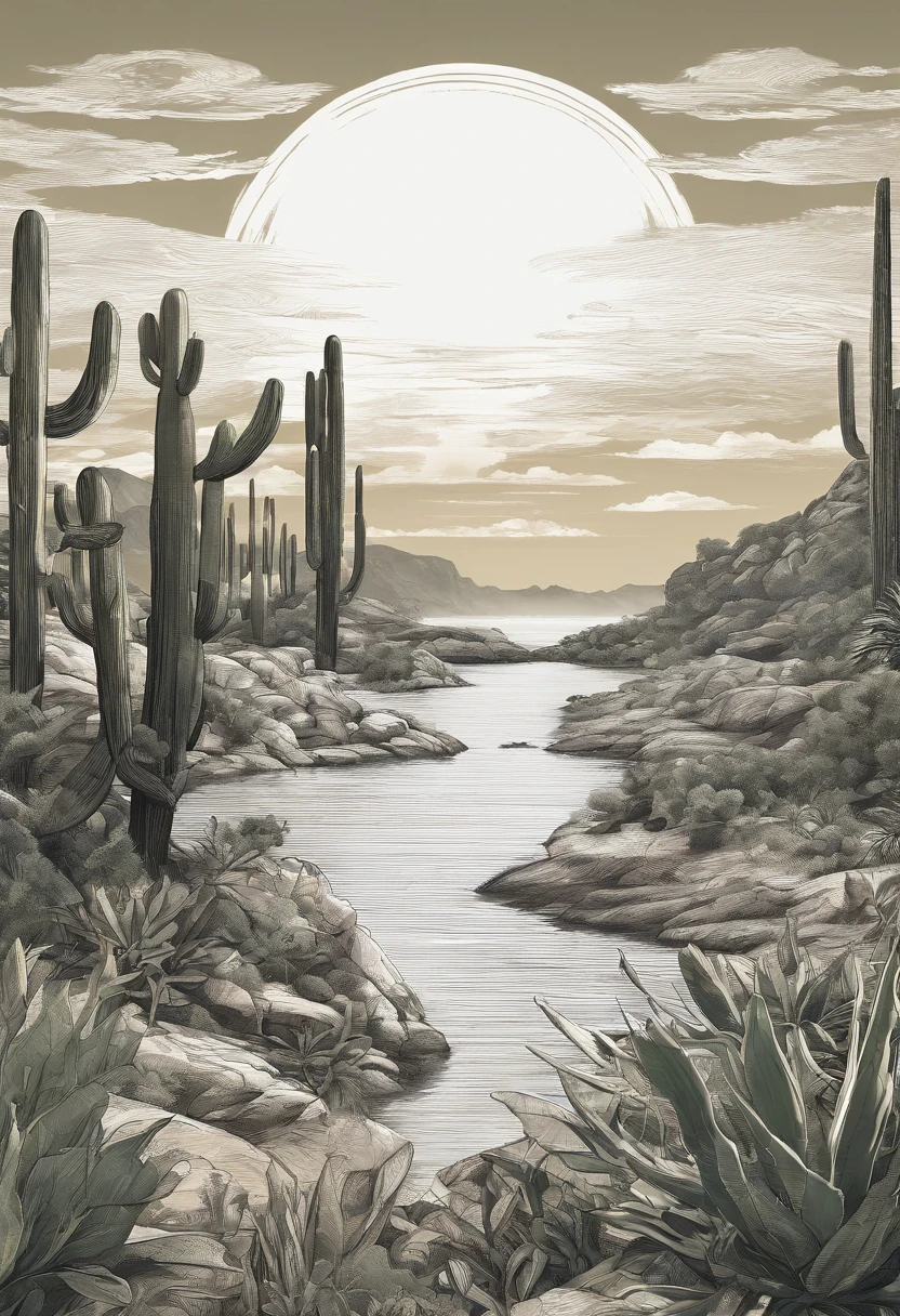 black and white animation background of the Brazilian northeastern hinterland with typical semi-arid vegetation with cacti, sun, heat, with a cartoon animal like a dog in the dreamworks style, small, Classicism, Gamine, top-down, Motion graphics, Grainy, sprite sheet, pastel colors, Happycore, film noir lighting, Ultra-realistic, highly detailed, natural lighting, ocean environment, Unity engine, 8k, intricate, Americana, Game Night, Analog photography, Unreal Engine rendering, Contrasty, sprite sheet, olive colors, Greaser, subsurface scattering lighting, High quality