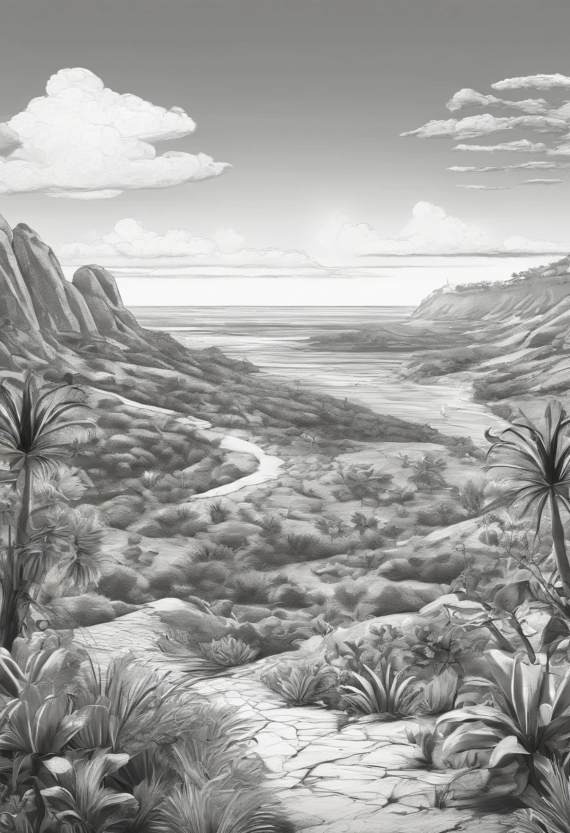 black and white animation background of the Brazilian northeastern hinterland with typical semi-arid vegetation with cacti, sun, heat, with a cartoon animal like a dog in the dreamworks style, small, Classicism, Gamine, top-down, Motion graphics, Grainy, sprite sheet, pastel colors, Happycore, film noir lighting, Ultra-realistic, highly detailed, natural lighting, ocean environment, Unity engine, 8k, intricate, Americana, Game Night, Analog photography, Unreal Engine rendering, Contrasty, sprite sheet, olive colors, Greaser, subsurface scattering lighting, High quality
