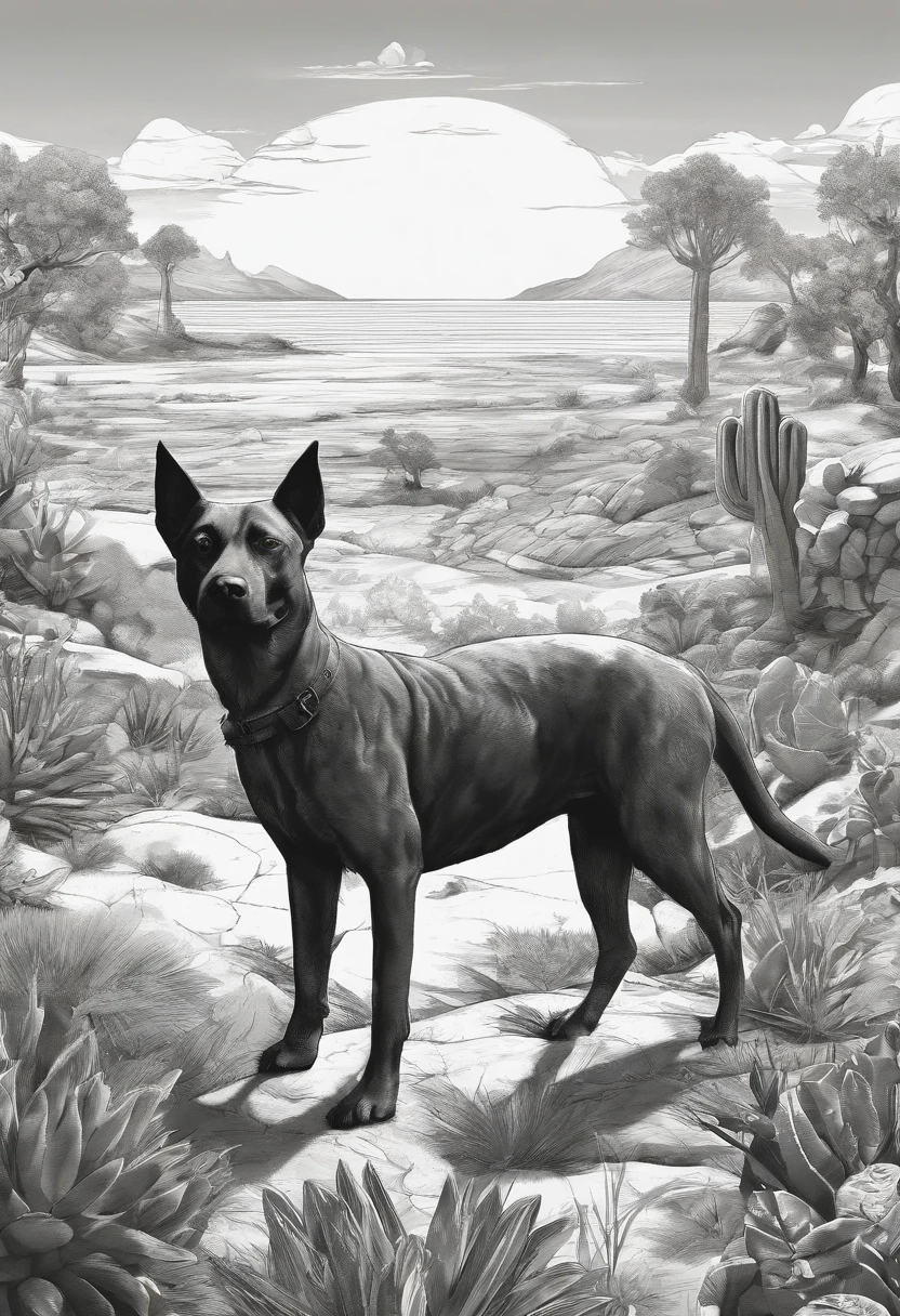 black and white animation background of the Brazilian northeastern hinterland with typical semi-arid vegetation with cacti, sun, heat, with a cartoon animal like a dog in the dreamworks style, small, Classicism, Gamine, top-down, Motion graphics, Grainy, sprite sheet, pastel colors, Happycore, film noir lighting, Ultra-realistic, highly detailed, natural lighting, ocean environment, Unity engine, 8k, intricate, Americana, Game Night, Analog photography, Unreal Engine rendering, Contrasty, sprite sheet, olive colors, Greaser, subsurface scattering lighting, High quality